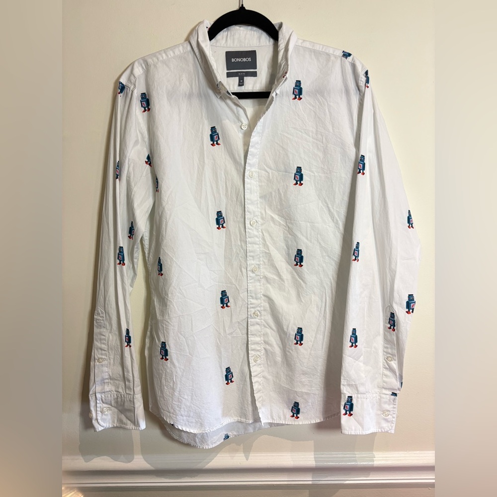 Bonobos Washed Button Down Slim Fit White Robot Print Sport Shirt Size Medium - Picture 3 of 7